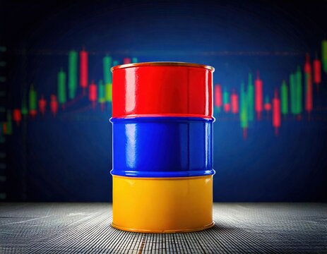 Colorful Armenia industrial oil barrels in front of an abstract financial graph on a dark background - Powered by Adobe