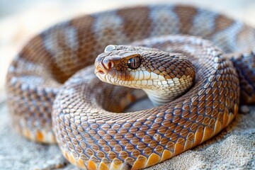 Fototapeta premium Rattlesnake coiled in sand with head facing the camera, showcasing brown color and intricate scale patterns