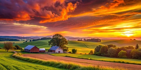 Golden Hour Sunset over Rural Farmland - Idyllic Countryside Landscape