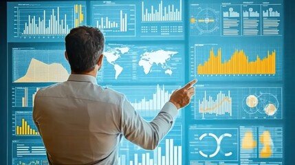 Businessman Analyzing Data on Interactive Screens