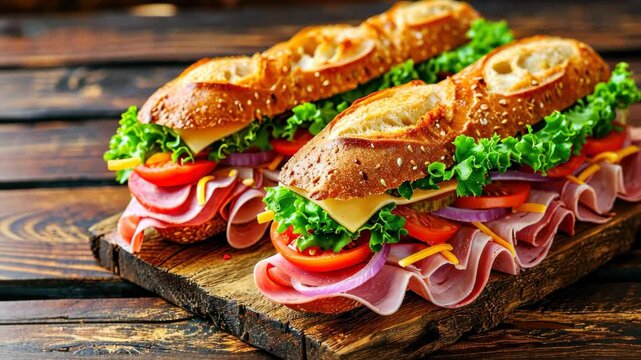 Submarine sandwich with ham or jamon, cheese, lettuce, tomatoes, onion, mortadella, and sausage on a rustic wooden table, a savory delight, Ai Generated.