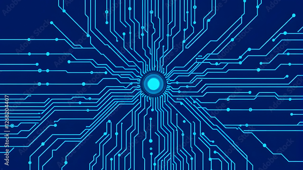 Poster a digital blue abstract background with circuit board lines and starry tech pattern