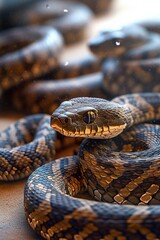 A rattlesnake lies on the sandy ground with its head facing the camera, displaying intricate brown patterns on its long slender body