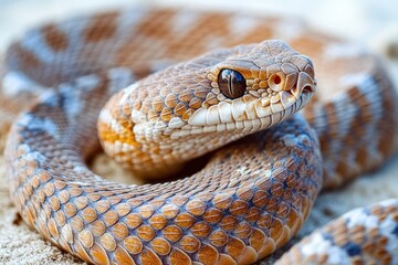 Fototapeta premium A rattlesnake coiled on sandy terrain with head facing the camera, brown color and slender body, showcasing intricate scales and textures in natural light