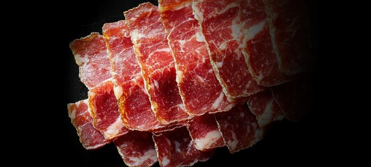Iberian Ham Slices Richly Marbled and Glossy with Dramatic Lighting and Textures