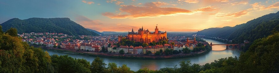 Fototapeta premium Heidelberg Castle at Sunset with Colorful Sky Over the Neckar River
