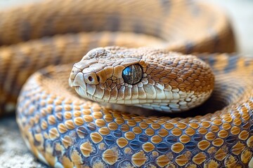Fototapeta premium A Rattlesnake on Sandy Terrain with Intricate Scale Details and a Focused Head Shot