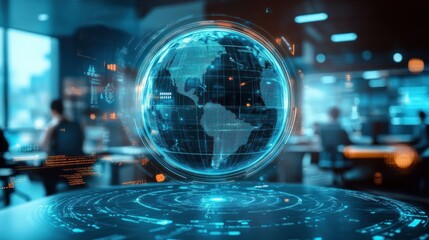 Futuristic Office Scene with Holographic Globe and Digital Data Overlays