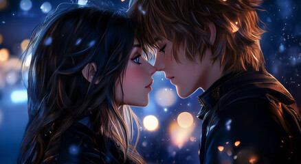 Romantic anime couple in intimate moment under glowing night lights
