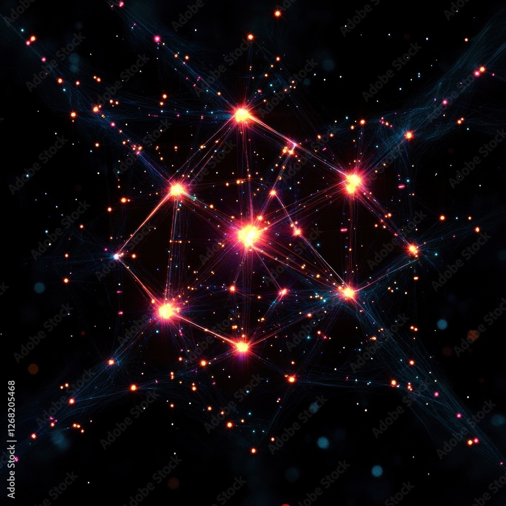 Poster futuristic geometric network abstract art with dynamic light trails and neon colors in digital desig