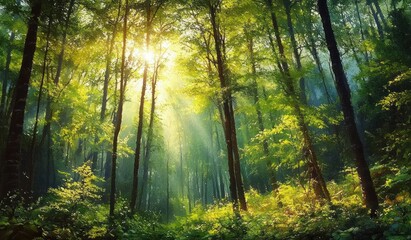 Obraz premium Enchanted Forest with Sunlight and Dappled Light in a Vibrant Green Landscape