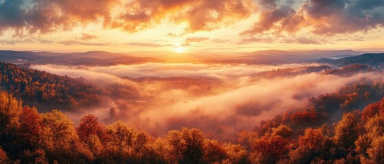 Fototapeta premium Breathtaking Panoramic View of a Misty Autumn Valley at Sunset with Vibrant Colors and Golden Hour Light
