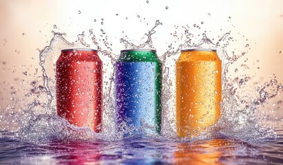 Photorealistic Colorful Soda Cans Splashing Water Mockup