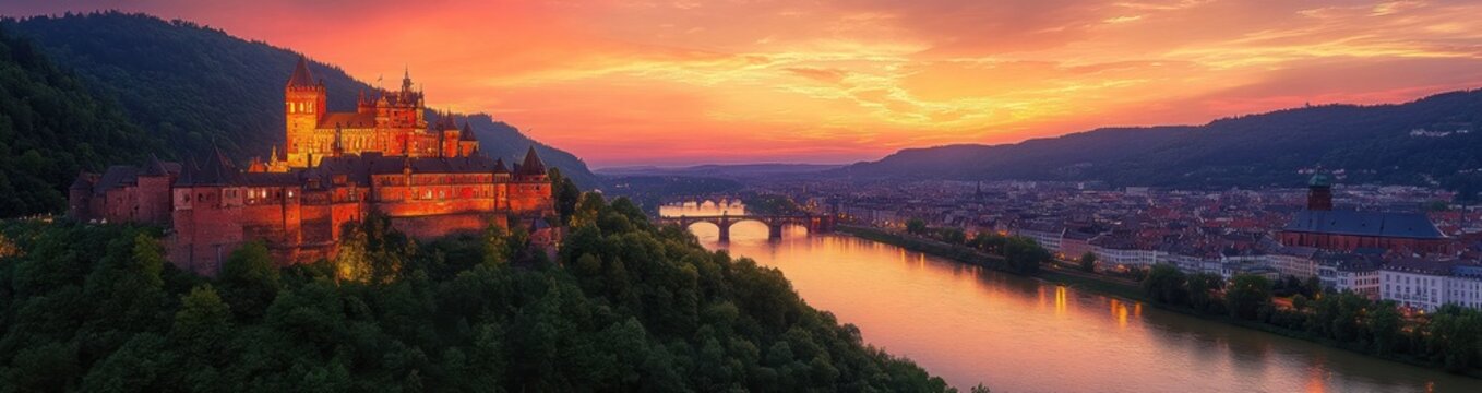 Heidelberg Sunset Over Castle with River and Lush Greenery