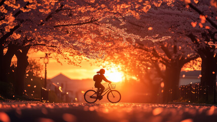 夕焼けの桜並木を走る小学生の青春シーン