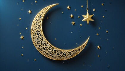 Fototapeta premium Eid Al-Fitr Celebration: A Golden Crescent Moon and Starry Blue Night Sky