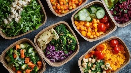 Assorted healthy meals in eco-friendly boxes, vibrant colors, nutritious variety. 