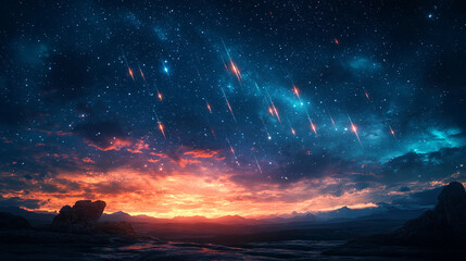 Fototapeta premium A dazzling night sky filled with vibrant colors multiple meteors and countless stars creating a breathtaking cosmic spectacle symbolizing wonder dreams limitless possibilities and cosmic energy