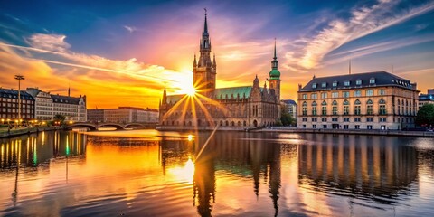 Naklejka premium Hamburg Town Hall Silhouette, Alster River Spring Sunset - Dramatic Cityscape Stock Photo