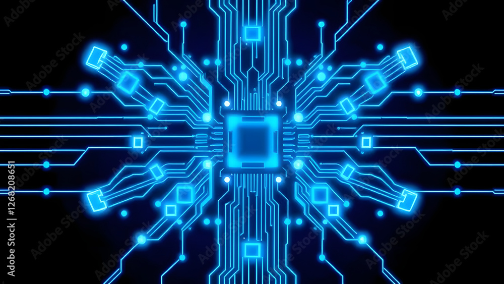 Poster a digital blue abstract background with circuit board lines and starry tech pattern