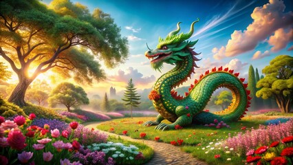 Fototapeta premium Happy Chinese New Year 2024: Wildflowers & Green Dragon Landscape