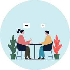 Illustration of Two People Engaged in a Conversation at a Table with Speech Bubbles Indicating Dialogue, Surrounded by Potted Plants