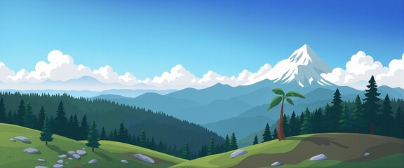 Scenic cartoon depiction of mountain landscape with valley, trees, and lush forests among hills on International Mountain Day