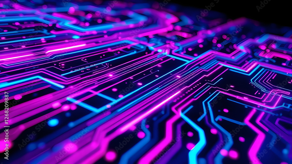Poster a seamless vector pattern of electronic circuit board lines and microchips illustrates the intricate
