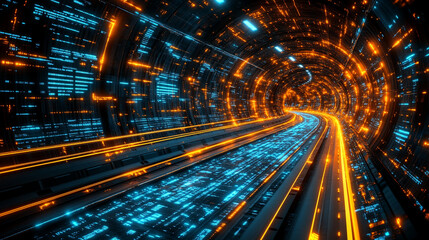 Abstract visualization of wireless data transmission and high speed internet A dynamic data stream flows through a futuristic digital network Symbolizing big data cybersecurity and neural networks