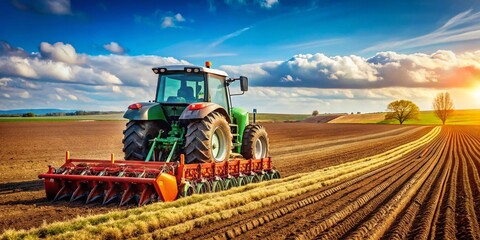 Obraz premium High-Depth-of-Field Photo: Tractor Seeding Crops in Farm Field