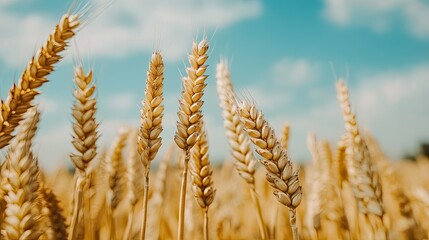 Close-up of Golden Wheat Stalks Against a Blue Sky with Clouds