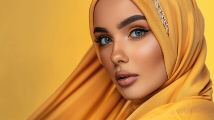 A close-up portrait of a woman in a vibrant yellow hijab, showcasing her striking blue eyes against a bright yellow background