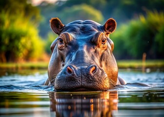 Fototapeta premium Hippopotamus Amphibius Surfacing for Breath: Underwater River Scene with High Depth of Field