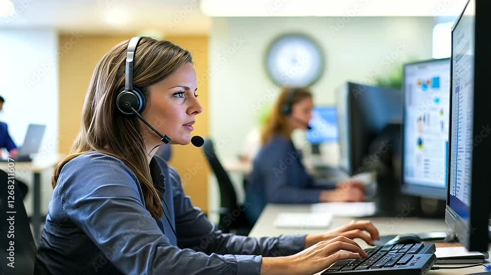 Poster contemporary call center featuring advanced crm interfaces and a dedicated customer support team.