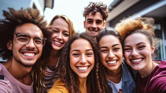 Multiracial group of friends having fun together outdoors on city street- Young cheerful people walking hugging outside- Next gen z lifestyle concept-Smiling student enjoying vacation