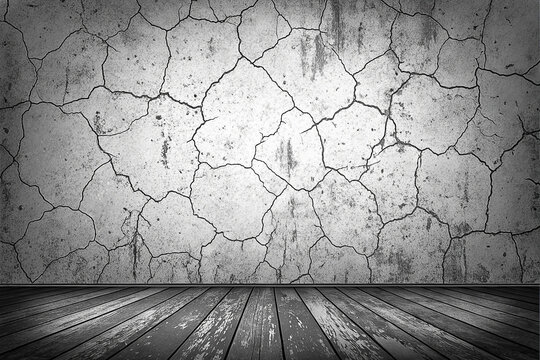 Cracked wall room interior, wooden floor, grunge background, design texture - Powered by Adobe