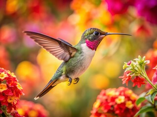 Naklejka premium Hummingbird Amongst Vibrant Blossoms: A Botanical Masterpiece