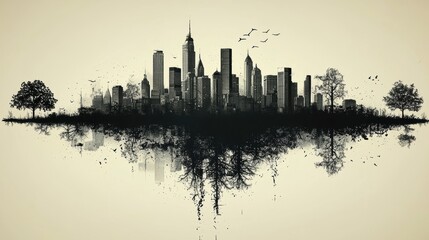 Fototapeta premium A stylized city skyline reflecting nature, blending urban and natural elements.
