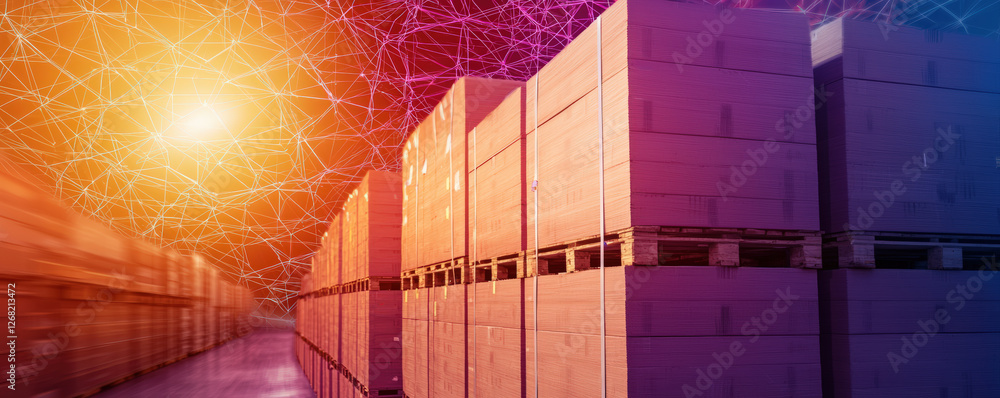 Poster an abstract representation of a digital storage facility, illuminated with vibrant colors, symbolizi