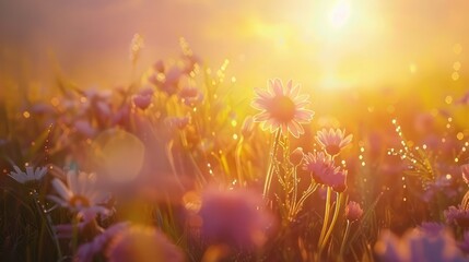 A vibrant field of wildflowers illuminated by golden sunlight during sunset, creating a serene and enchanting atmosphere