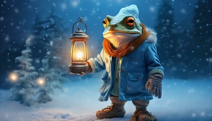 A whimsical frog character holding a glowing lantern while wearing a blue parka and furry bo 