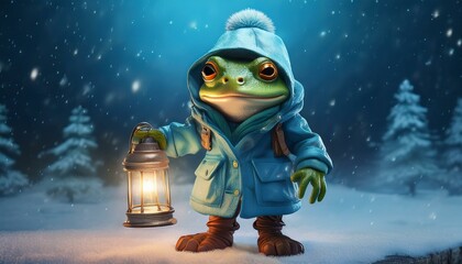 A whimsical frog character holding a glowing lantern while wearing a blue parka and furry bo 