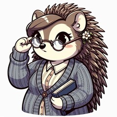 Naklejka premium Charming Hedgehog Reading at Work