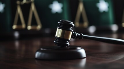 Close-up of a judge's gavel on a wooden table with blurred scales of justice in the background, symbolizing law, order, and legal authority