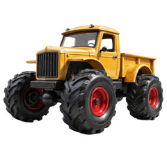 Obraz premium Toy Truck with Large Tires and Red Wheels Against Blurred Background. A yellow toy truck with large tires and red wheels.