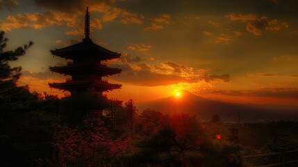Fototapeta premium Serene sunset view behind a traditional pagoda with blooming cherry blossoms and Mount Fuji in the background