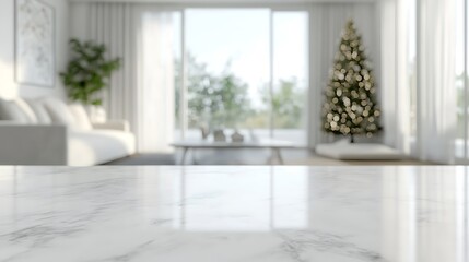White empty table top with a blurred living room interior and a Christmas tree in the background. 