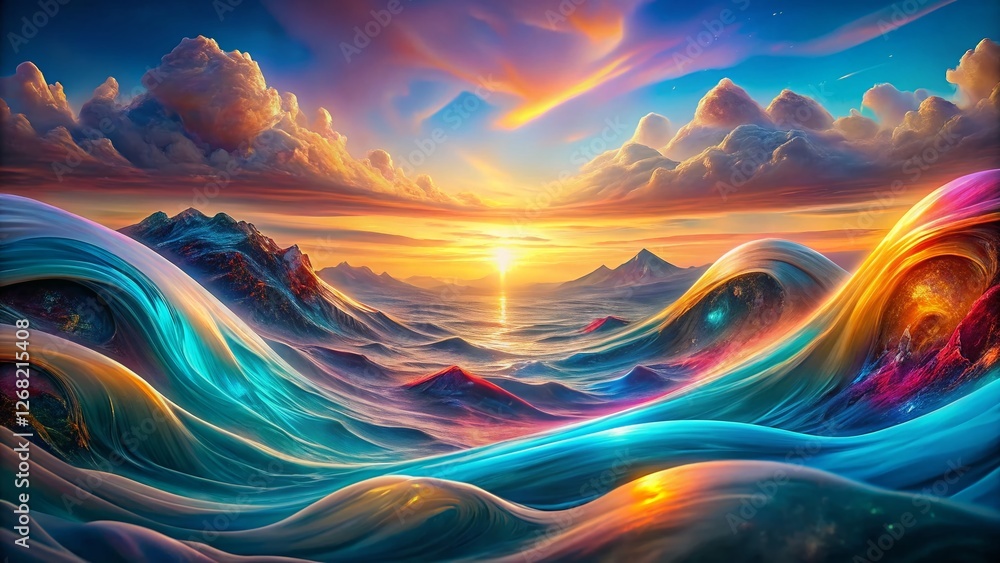 Poster iridescent wave pattern: glowing abstract hues double exposure background