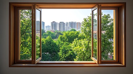 Wooden window with brown frames on a white background, looking out onto trees and buildings.