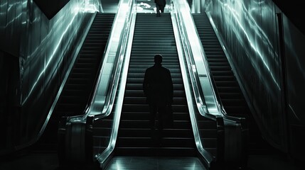 A lone figure standing on an escalator in a dimly lit space